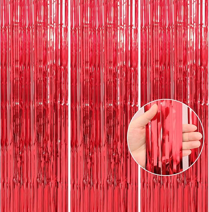 Crosize 2 Pack Red Party Streamers Backdrop, 3.3 x 9.9 ft | Tinsel Foil Fringe by Crosize