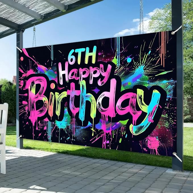 HOMETITUTE Neon 6th Happy Birthday Banner 71x43 Inch Birthday Backdrop | 6th - Image 2