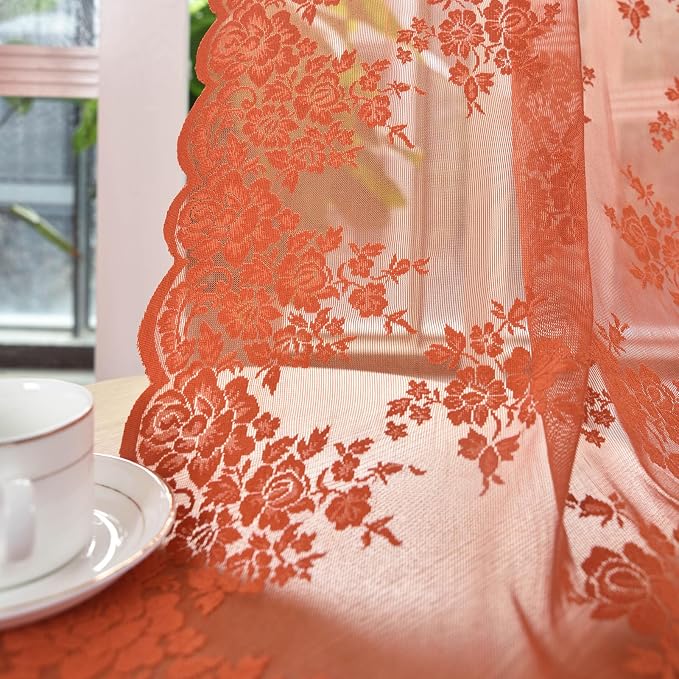 Kotile Burnt Orange Floral Lace Curtains - Image 5