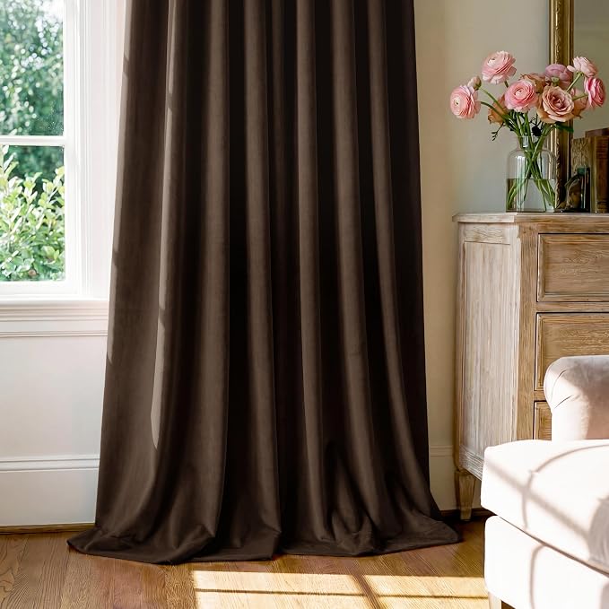 Brown Velvet Curtains Blackout for Living Room, W52 x L108, 2 Panels | 300GSM - Image 7