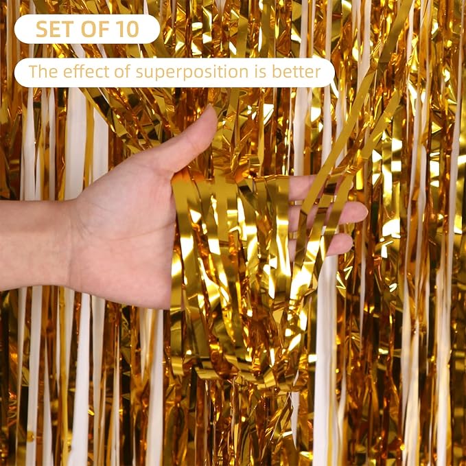 10 Pack Gold Backdrop Curtain 3.2ft x 8.2ft Metallic Tinsel Foil Fringe - Image 2
