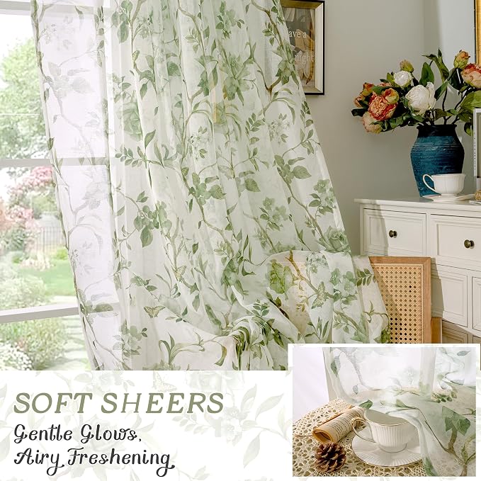 Sage Green Curtains for Bedroom Sheer, Spring Leaf Vines Patterned Farmhouse - Image 6