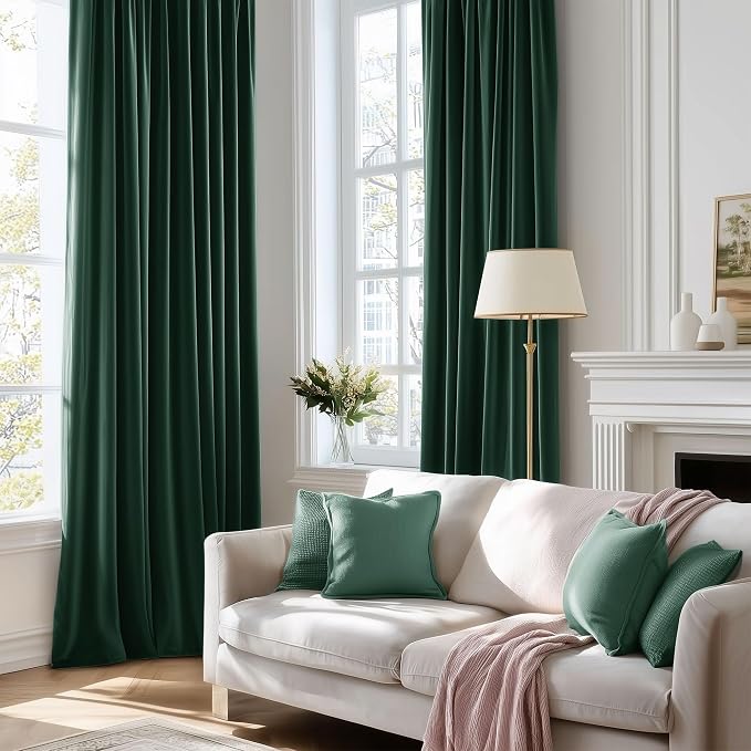 Beauoop Velvet Curtains for Bedroom Living Room Dark Green 52x108 2 Panels | - Image 8