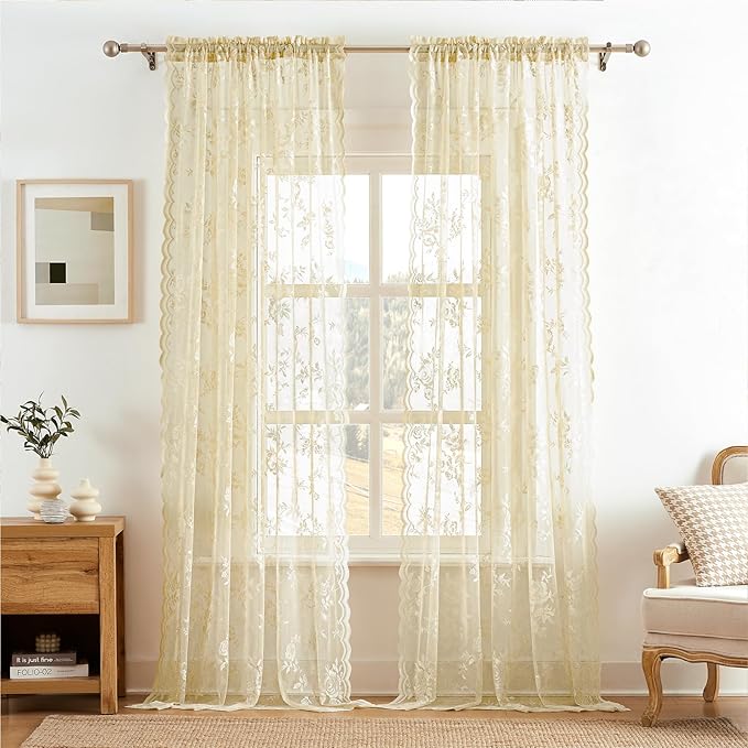 SEEKRIGHT Beige Lace Sheer Curtains 63 Inch Length Country Floral Curtains - Image 2