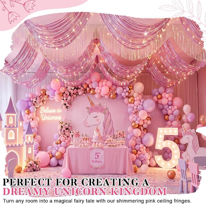 8 Pcs Iridescent Pink 15ft Metallic Foil Ceiling Fringe Curtains - Image 5