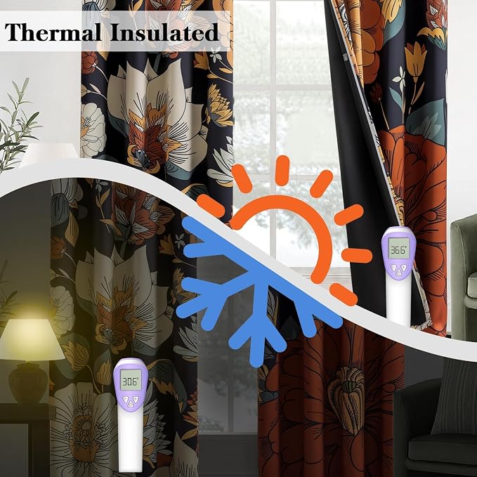 Tyrot Black Boho Floral 100% Blackout Curtains 54 Inch Long 2 Panels Mid - Image 5