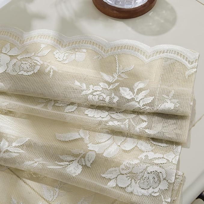 Khaki Lace Curtains 54 Inch Length 2 Panels Set Country Taupe Floral Curtains - Image 8
