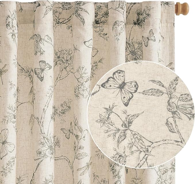 Grey Floral Linen Lined Curtains Rod Pocket 50W X 96L 2 Panels | Charlotte by Lazzzy