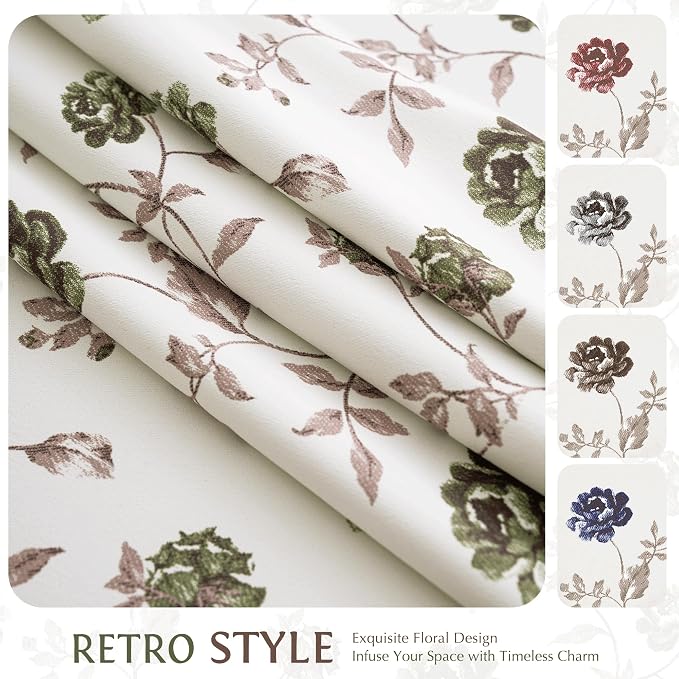Beauoop Floral 100% Blackout Curtains Bedroom Green Brown 52x72 2 Panels | Rose - Image 8