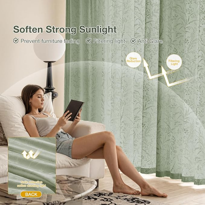 Anmao Sage Green Semi Sheer Light Filtering Curtains 63 Inches Long 2 Panels - Image 6