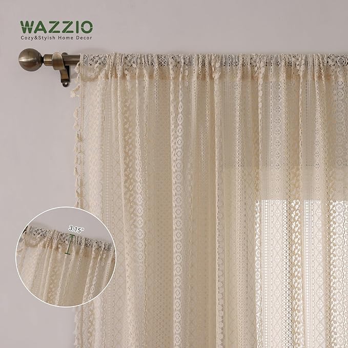 WAZZIO Boho Lace Curtains 105 Inch 2 Panel, Light Filtering Privacy Tassel & - Image 7