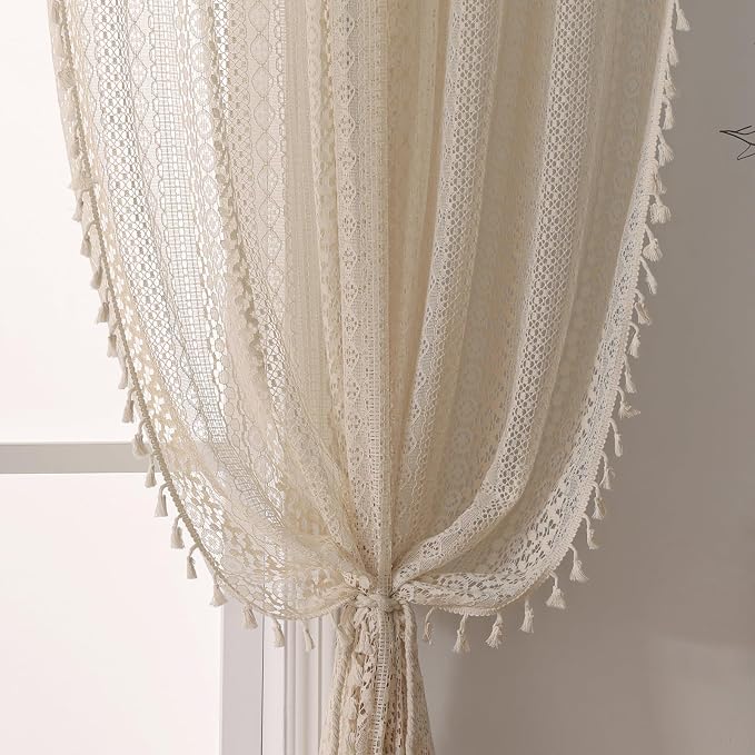 WAZZIO Boho Lace Curtains 80 Inches 2 Panel, Light Filtering Privacy Tassel & by WAZZIO