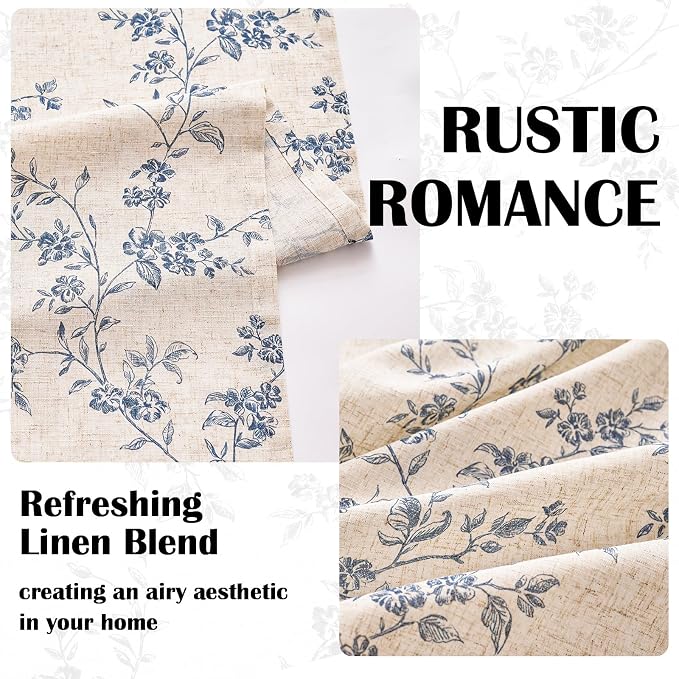 Blue Vintage Floral Linen Curtains Farmhouse 38W X 63L 2 Panels | Elisa Series - Image 4