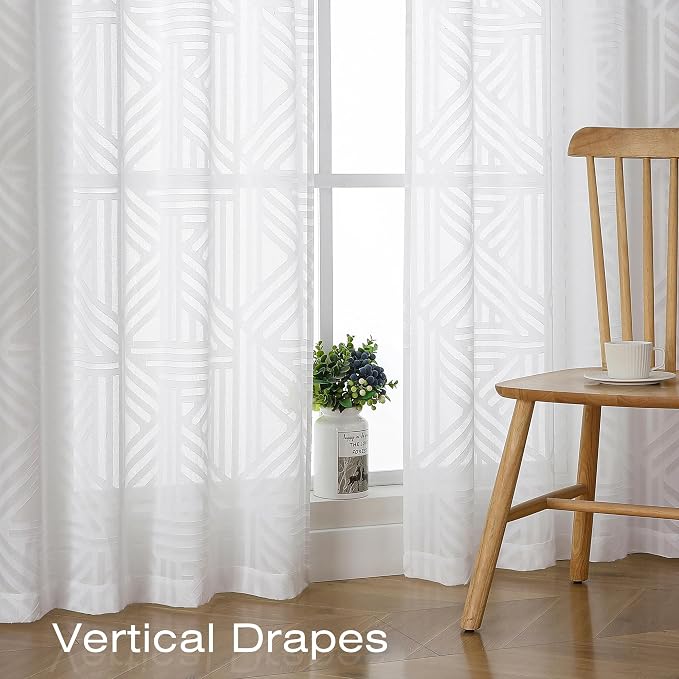 Simplebrand Semi Sheer White Curtains 54 Inch Length 2 Panels, Geometric - Image 5