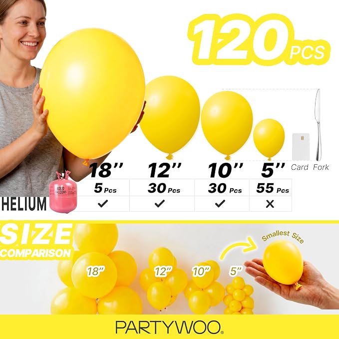 PartyWoo Yellow Balloons 120pcs Matte Yellow Color 18 12 10 5 Inch | 18 12 10 5 - Image 6