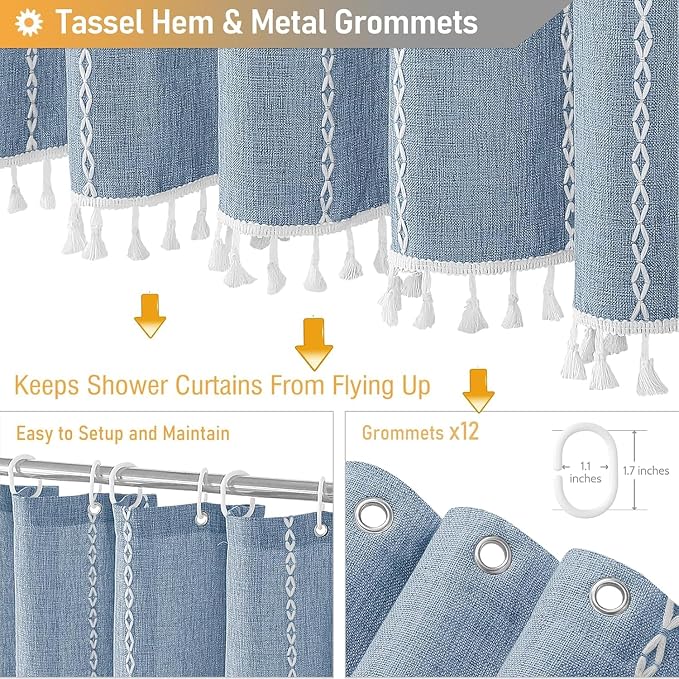 72 x 90 Boho Farmhouse Linen Heavy Duty Cloth Shower Curtain Set, 330GSM Linen - Image 5