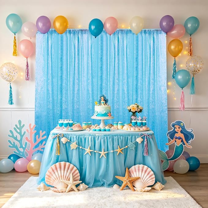Sugargirl Mermaid Blue Sequin Backdrop Curtain 2 Panels 2FTx8FT Glitter Mermaid - Image 7
