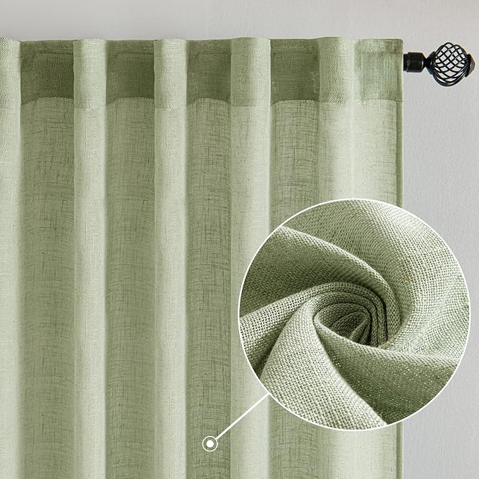 MIULEE Sage Green Linen Curtains 52x100 Inch Length 2 Panels - Image 2