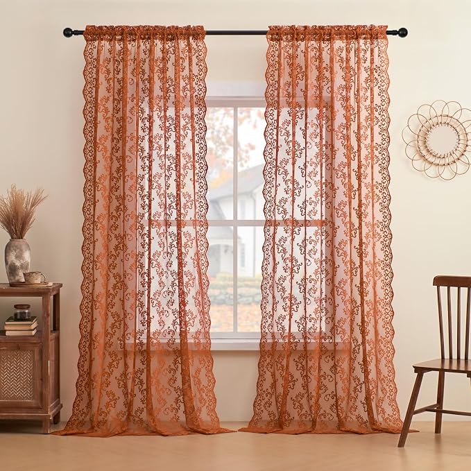 Rust Terracotta Lace Curtains 96 Inches Long 2 Panels Country Lace Sheer by FOLKSIDEHomeDecoration