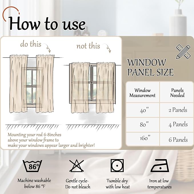 Sheer Curtains 45 Inch Length 2 Panels, Floral Patterned Linen Look Semi-Sheer - Image 8