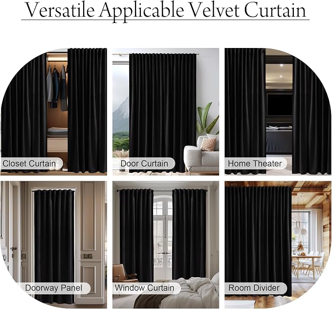 Black Velvet Theater Curtains Extra Wide Blackout Window Drapes - Image 4