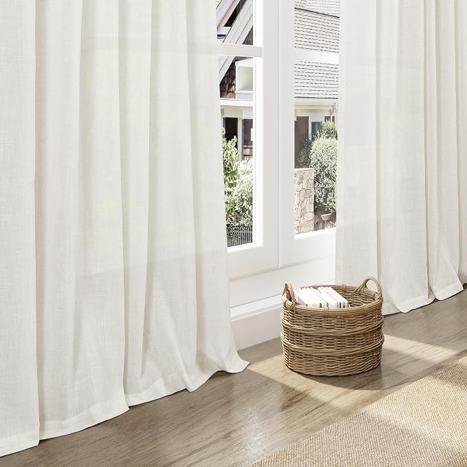 Beige White Linen Curtains for Living Room 92 Inches Long Back Tab and Rod - Image 5