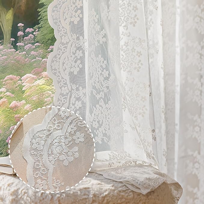 Anmao Vintage White Lace Curtains 80 Inches Long 2 Panels Set, Romantic Elegant by Anmao