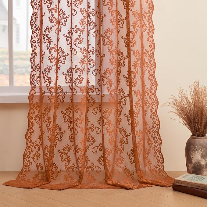 Rust Terracotta Lace Curtains 96 Inches Long 2 Panels Country Lace Sheer - Image 5