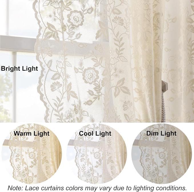 FINECITY Beige Lace Curtains for Bedroom Rustic Floral 52x63 Inch, 2 Panels | - Image 5