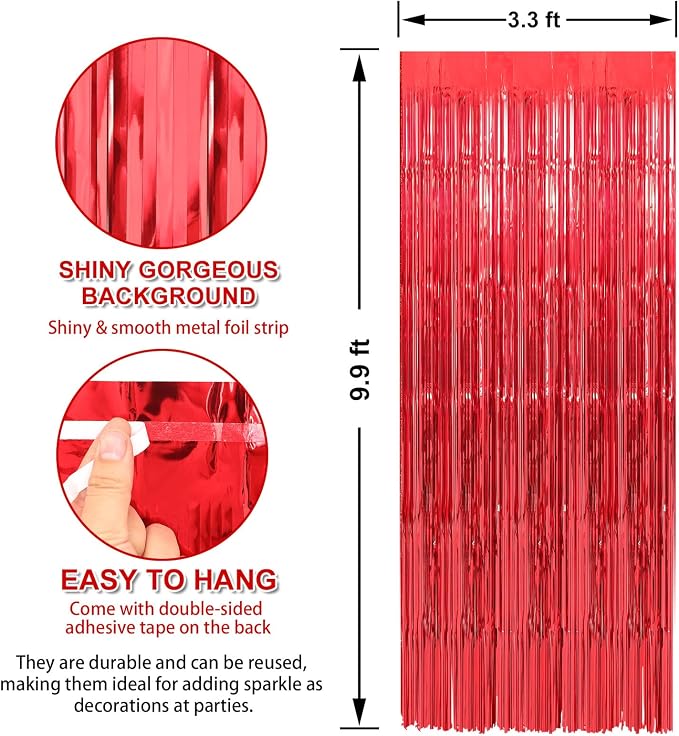 3 Pack 3.3 x 9.9 ft Red Foil Fringe Curtains Streamers Party Decorations | Foil - Image 2