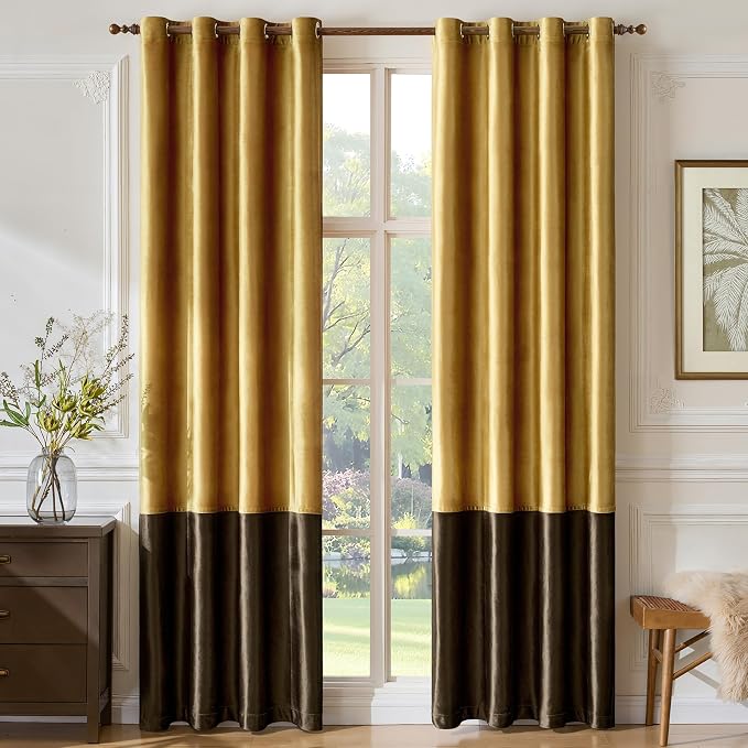 Brown Gold Velvet Blackout Curtains Luxury Decor 90 inches, Color Block | - Image 5