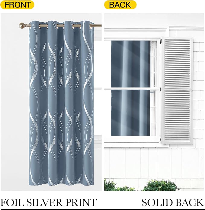 NICETOWN Dusty Blue Patterned Room Darkening Curtains 72" Long - Image 5