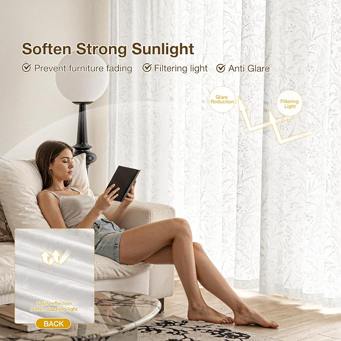 Anmao White Semi Sheer Light Filtering Curtains 102 Inches Long 2 Panels - Image 6