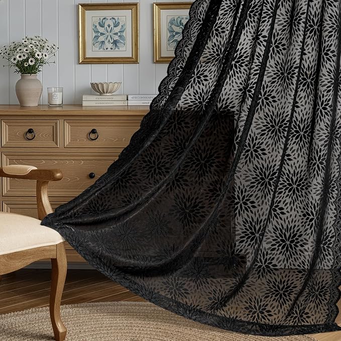 MIULEE Black Lace Curtains 90 inches Long, Victorian Floral Semi Sheer Curtains - Image 3