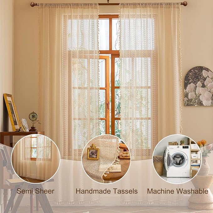 Sutuo Home Beige Boho Vintage Lace Curtains 108 inches Long - Image 4