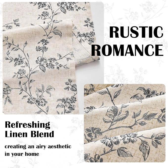 Black Vintage Floral Linen Curtains Farmhouse 50W X 90L 2 Panels | Elisa Series - Image 5