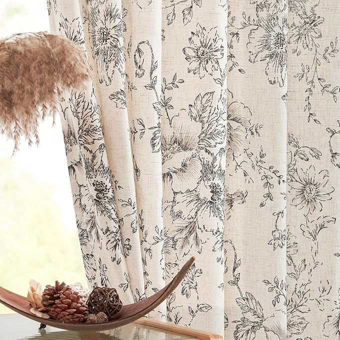 jinchan Black Floral Linen Curtains 45 Inch Vintage Back Tab 2 Panels | Light by JINCHAN