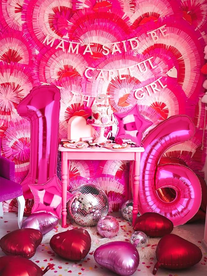 40 Inch Number Balloon Hot Pink 16 Set Pink Theme 16th Birthday Decor 10Pcs | - Image 3