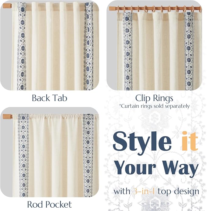 jinchan Floral Linen Curtains Embroidered Back Tab 50x63in 2 Panels Blue | - Image 7