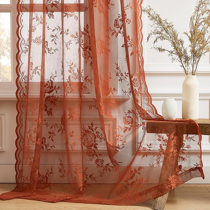 Burnt Orange Lace Curtains Short Victorian Floral Sheer Curtains 45 Inch Length - Image 6