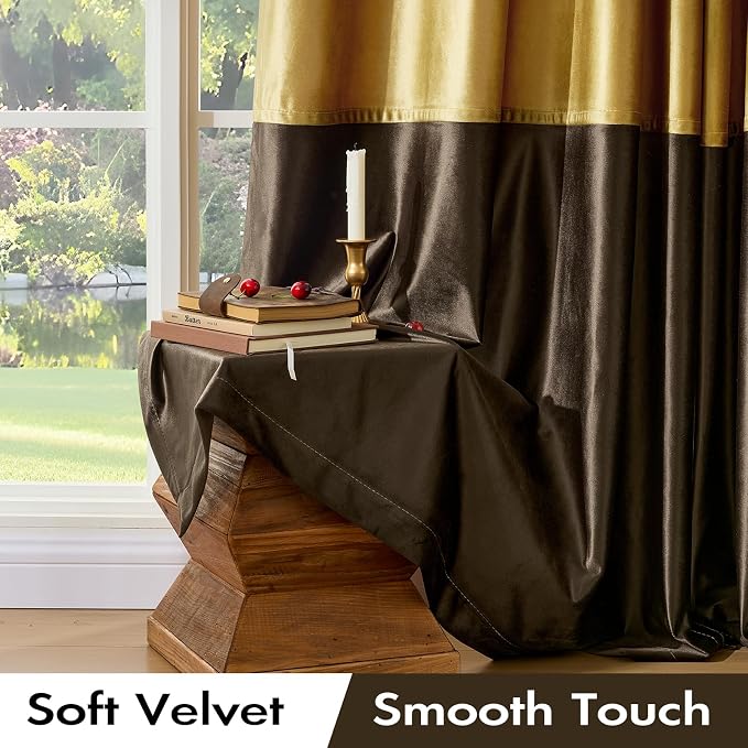 Brown Gold Velvet Blackout Curtains Luxury Decor 90 inches, Color Block | - Image 3