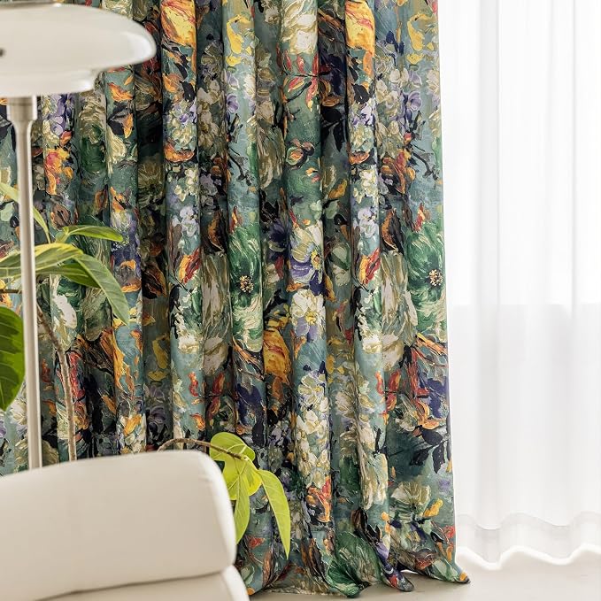 SUOUO Dark Green Vintage Floral Blackout Curtains - Image 6