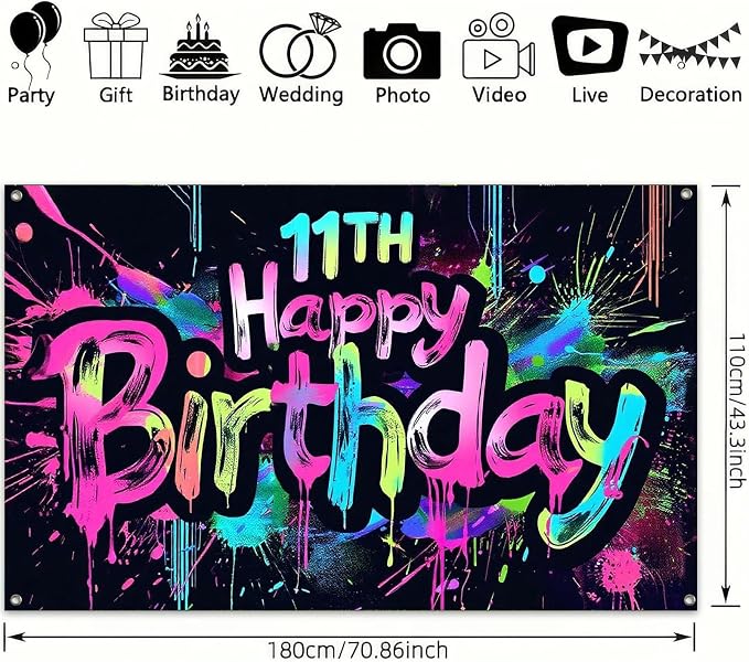HOMETITUTE Graffiti 11th Happy Birthday Banner 71x43 Inch Neon Party | Glow in - Image 3