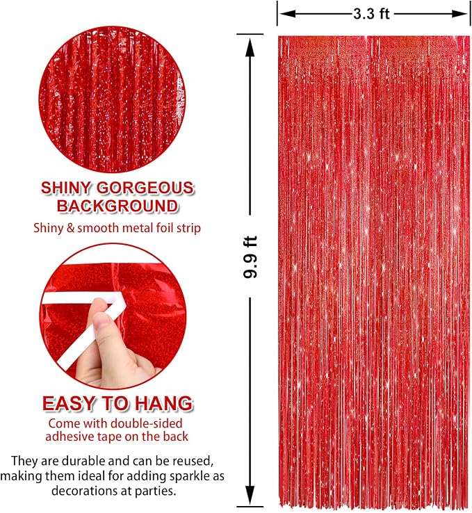 7 Pack 3.3 x 9.9 ft Holographic Red Tinsel Streamers Party Decorations | Foil - Image 2