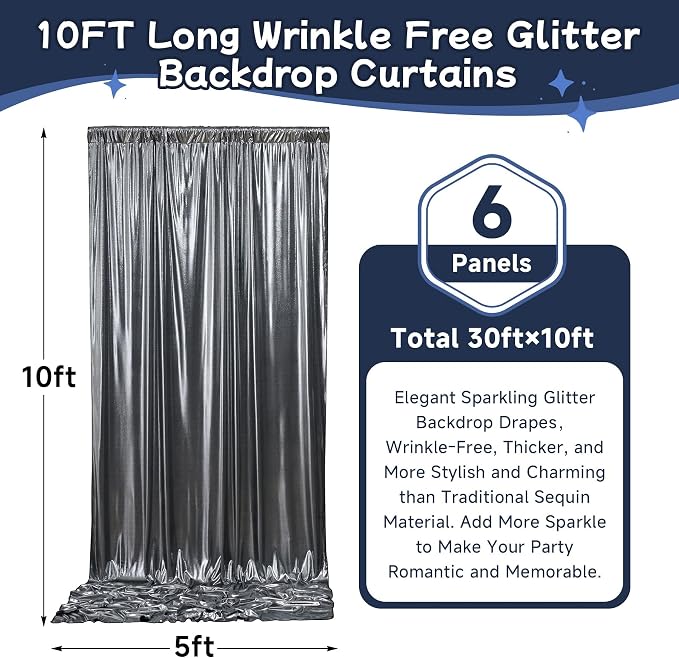 30ftx10ft Black Silver Glitter Sequin Backdrop Curtain - Image 5