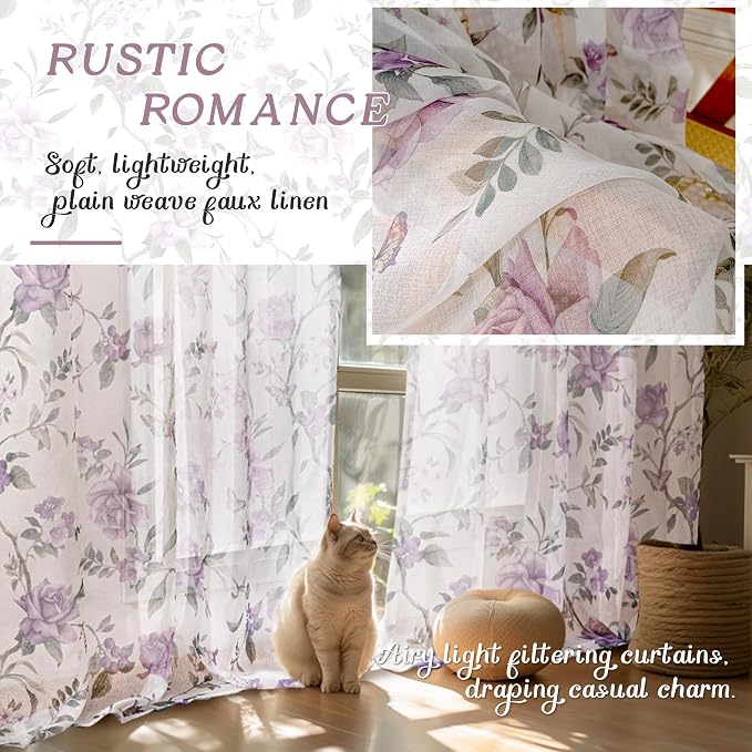 Sheer Curtains 45 Inch Length 2 Panels Set, Lavender Floral Patterned Linen - Image 4