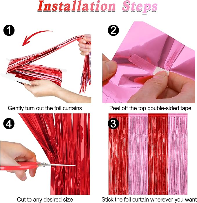 ZATAYE 2 Pack Red Pink Valentines Foil Curtain Streamer Decorations | Red Pink - Image 3