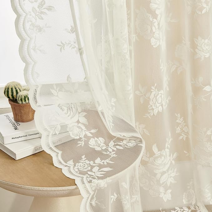 Cream Lace Curtains 120 Inches Long 2 Panels Victorian Floral Sheer Curtains - Image 4