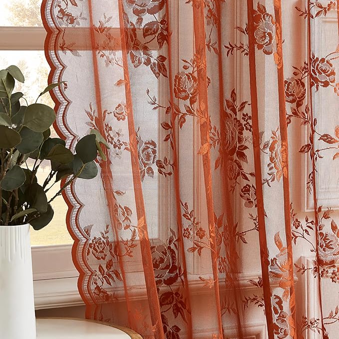 Terracotta Lace Curtains 84 Inches Long Country Rustic Floral Sheer Curtains - Image 5
