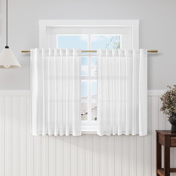 White Linen Curtains 49 Inch Length Back Tab Pocket Semi Sheer Light Filtering by Nanspring